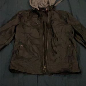 Leather jacket with detachable hoodie